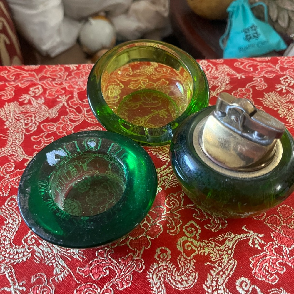 Green Glass Ashtray and Lighter Set